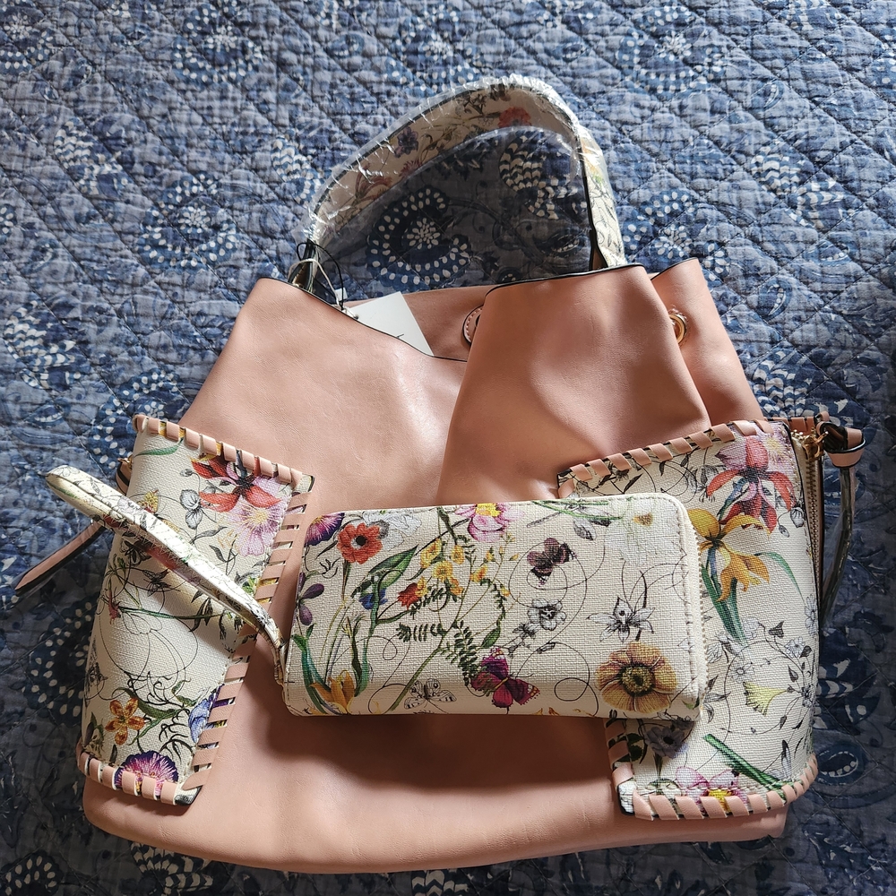 Pink and Cream Crossbody Bag with Floral Design